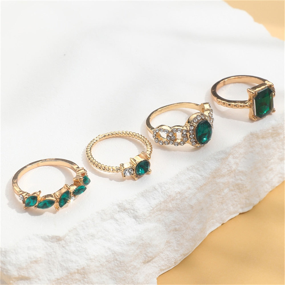 4Pcs Vintage Green Crystal Rings for Women Charms Geometric Set