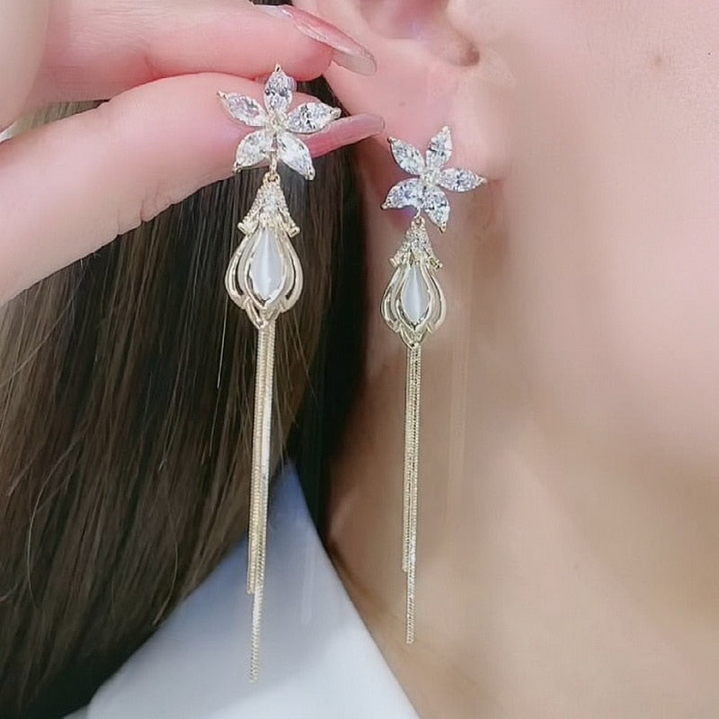 Heart Shape Stud Flowers Tassel Earring