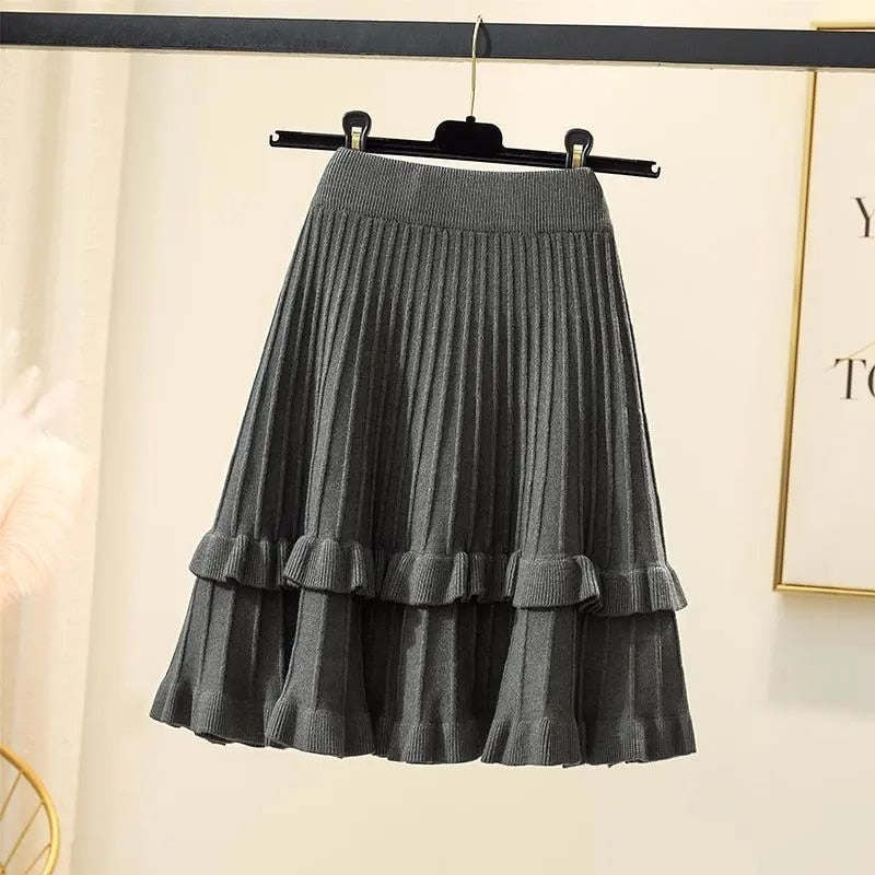 Knitted High Waist Pleated Skirt A-line Skirts Ruffled