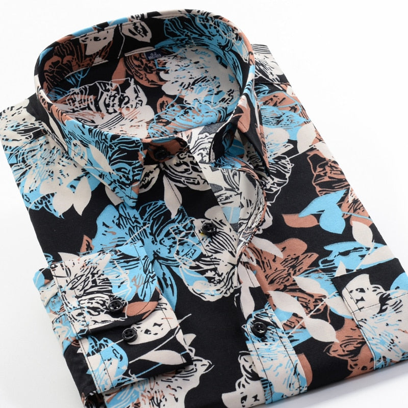 Large Size Flower Print Men's Fashion Casual Long Sleeve Shirt