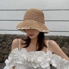 Women's Summer Hat Foldable Hollow Lace Trim Straw