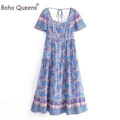 Floral Print Square Collar Short Sleeve Bohemian Midi Dress L