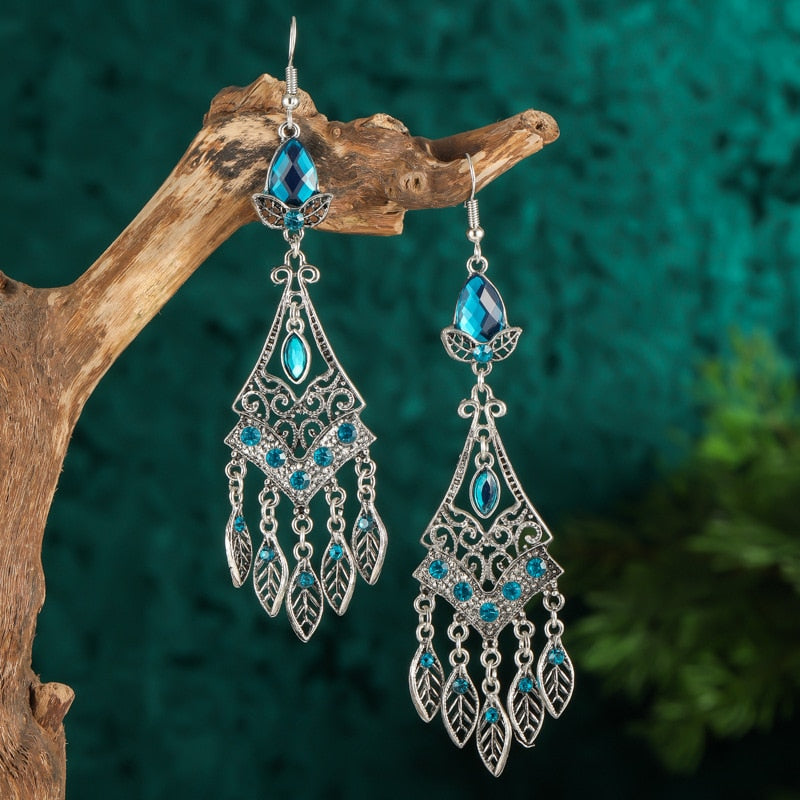 Bohemian Ethnic Long Blue Acrylic Crystal Water Drop Earrings Retro