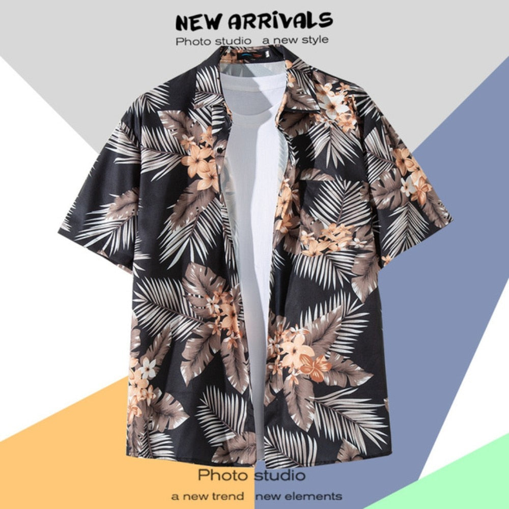 Hawaiian Men's Floral Shirt Summer Geometric Print Short Sleeved