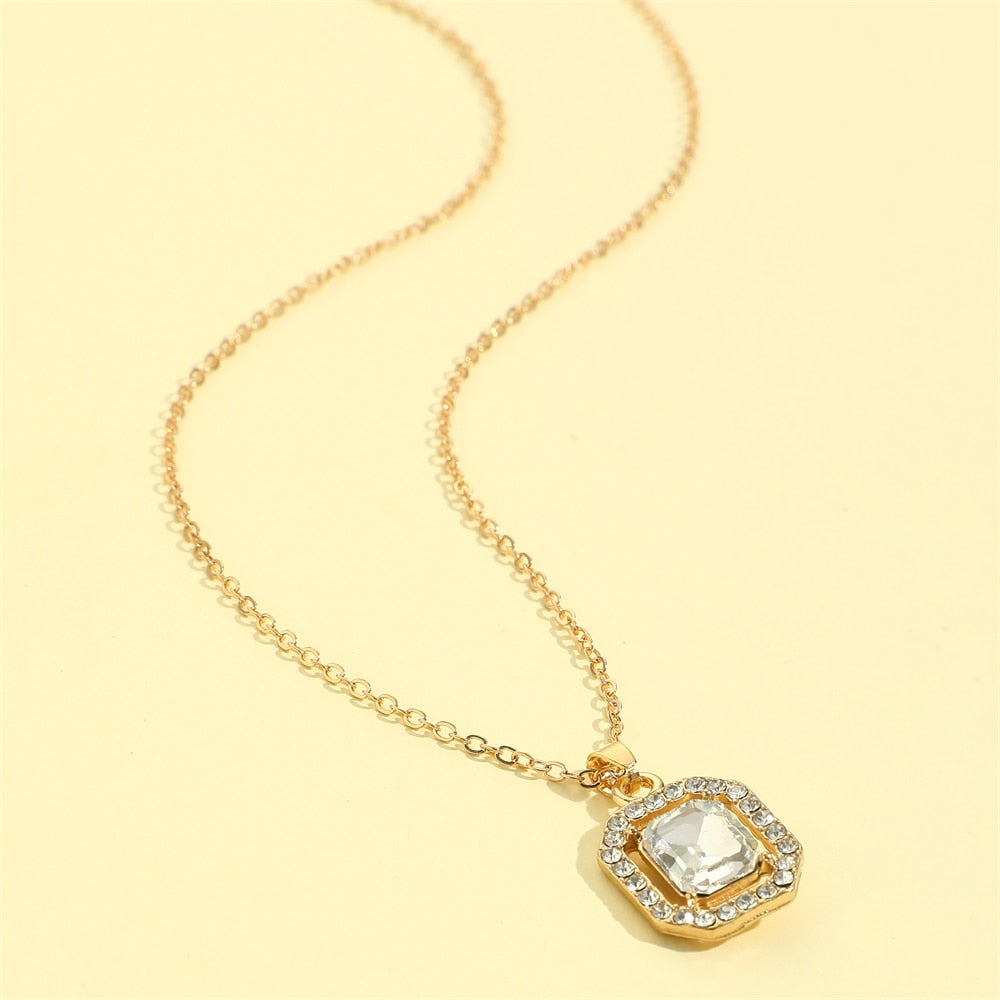 1Pc Simple Crystal Gold Color Chain Pendant Necklace