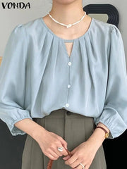 Shirts Blouse Solid Color Tops Buttons Hollow Out