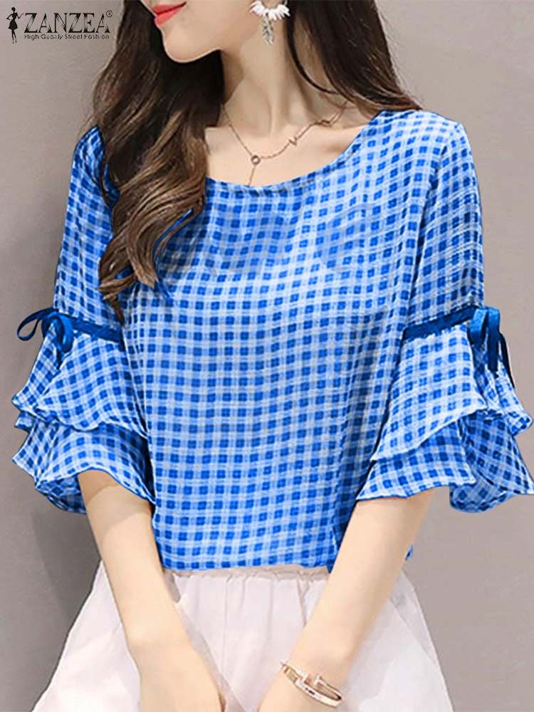 Style Check Tops Women Summer Blouse Casual Lace-Up