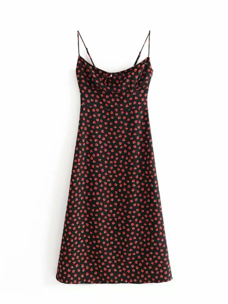 Retro style Summer Rose Flower Print Midi Sling Dress