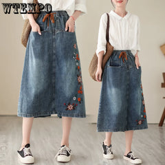 Retro Embroidered Denim Skirt Oversized High Waisted A-line