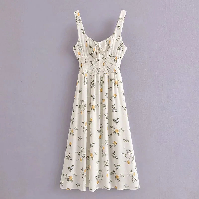 Retro Style V neck Flower Print Midi Sling Dress