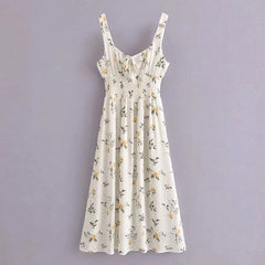 Retro Style V neck Flower Print Midi Sling Dress