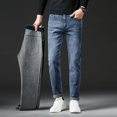 Winter Men's Slim Straight Fleece Jeans Fashion Classic