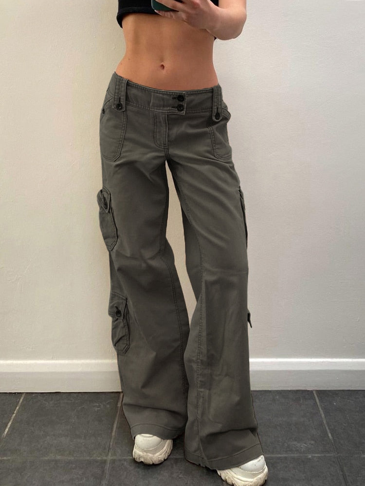 Baggy Jeans Low Rise Button Fly Straight  Denim Cargo Pants