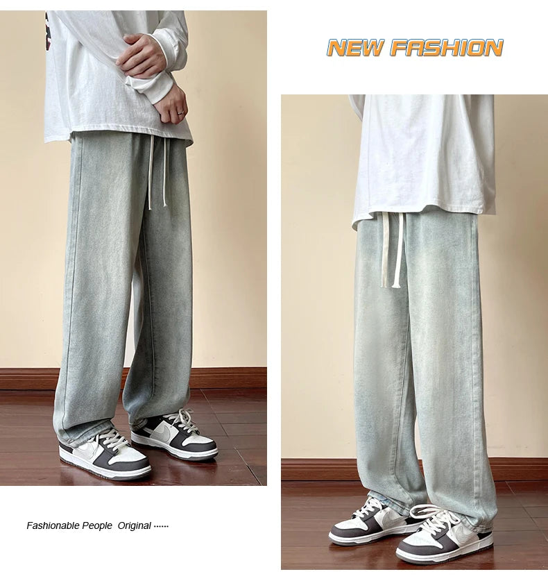 Streetwear Men's Elastic Waist Wide Leg Baggy Jeans