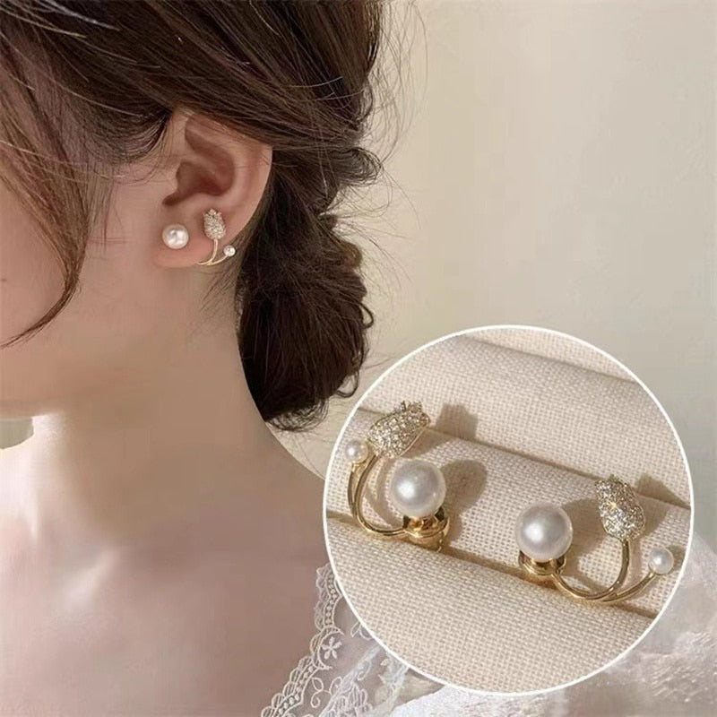 Fashion Zircon Tulip Flower Pearl Stud Earrings