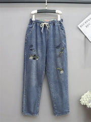 Fashion Style Cartoon Embroidery Baggy Elastic Waist High Waist