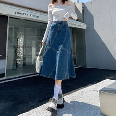 Vintage Women Denim Trumpet Skirt Streetwear Casual Irregular P