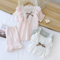 short-sleeved shorts ladies pajamas set cotton crepe solid color f