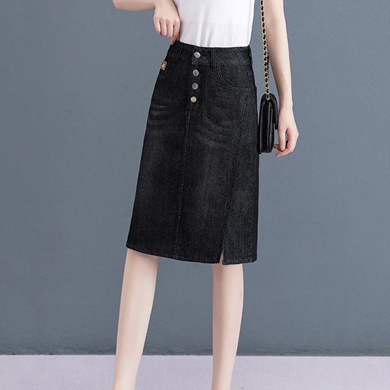 Women S-4XL Oversize Denim Pencil Skirt Vintage Casual High Waist