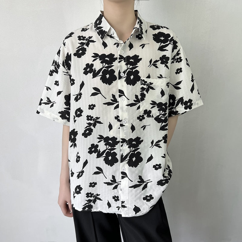 Casual Floral Shirts Men Loose Turn Down Collar Short