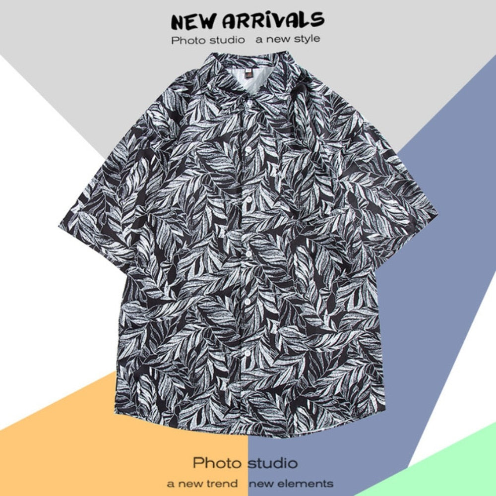 Hawaiian Men's Floral Shirt Summer Geometric Print Short Sleeved