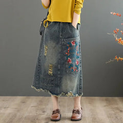 Embroidered Denim Skirt with Ripped Raw Edge A-line Mid-length