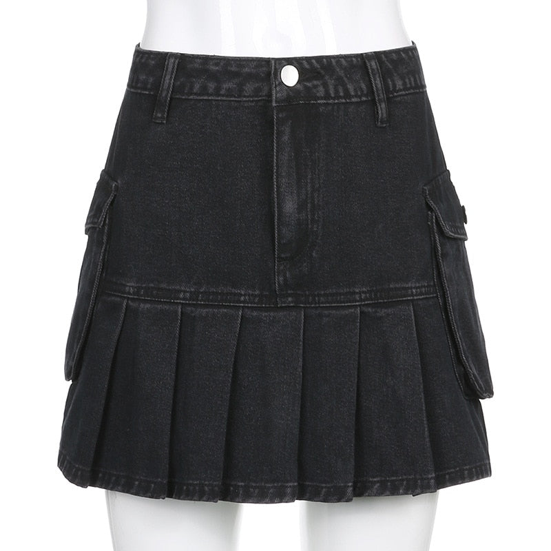 Jeans Mini Skirt Goth Denim Pleated Skirts with Big Pockets W