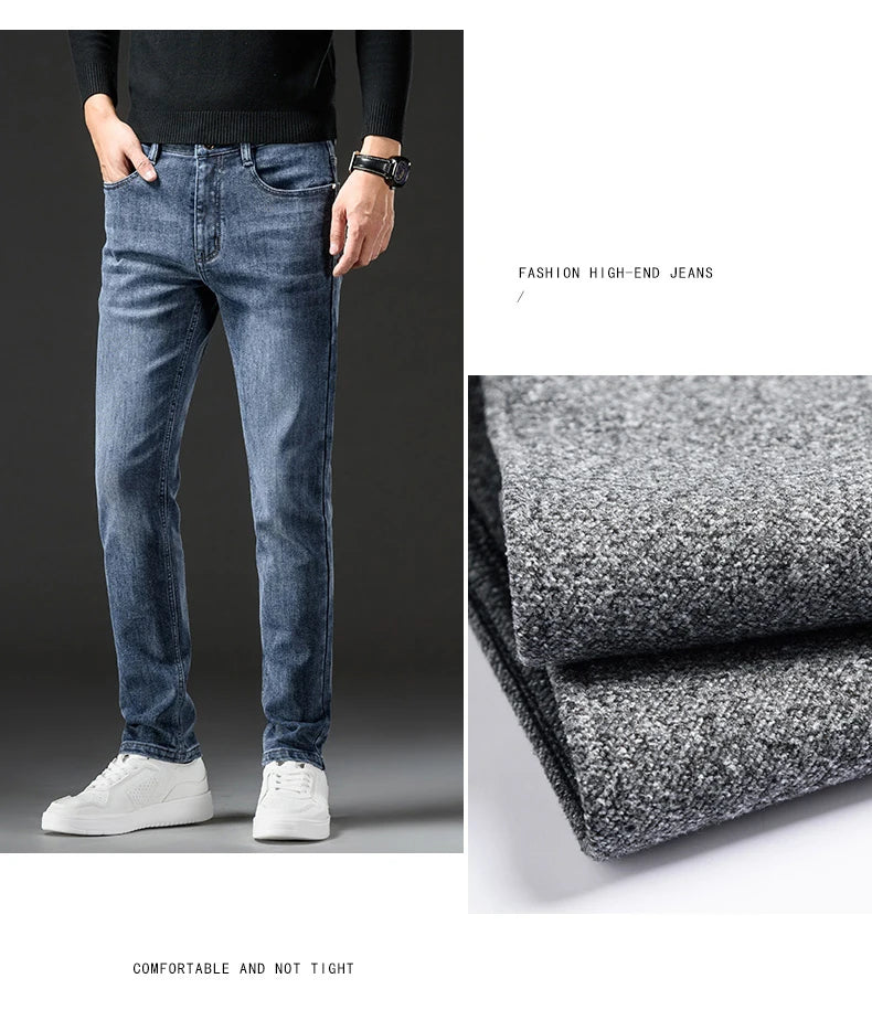 Winter Men's Slim Straight Fleece Jeans Fashion Classic