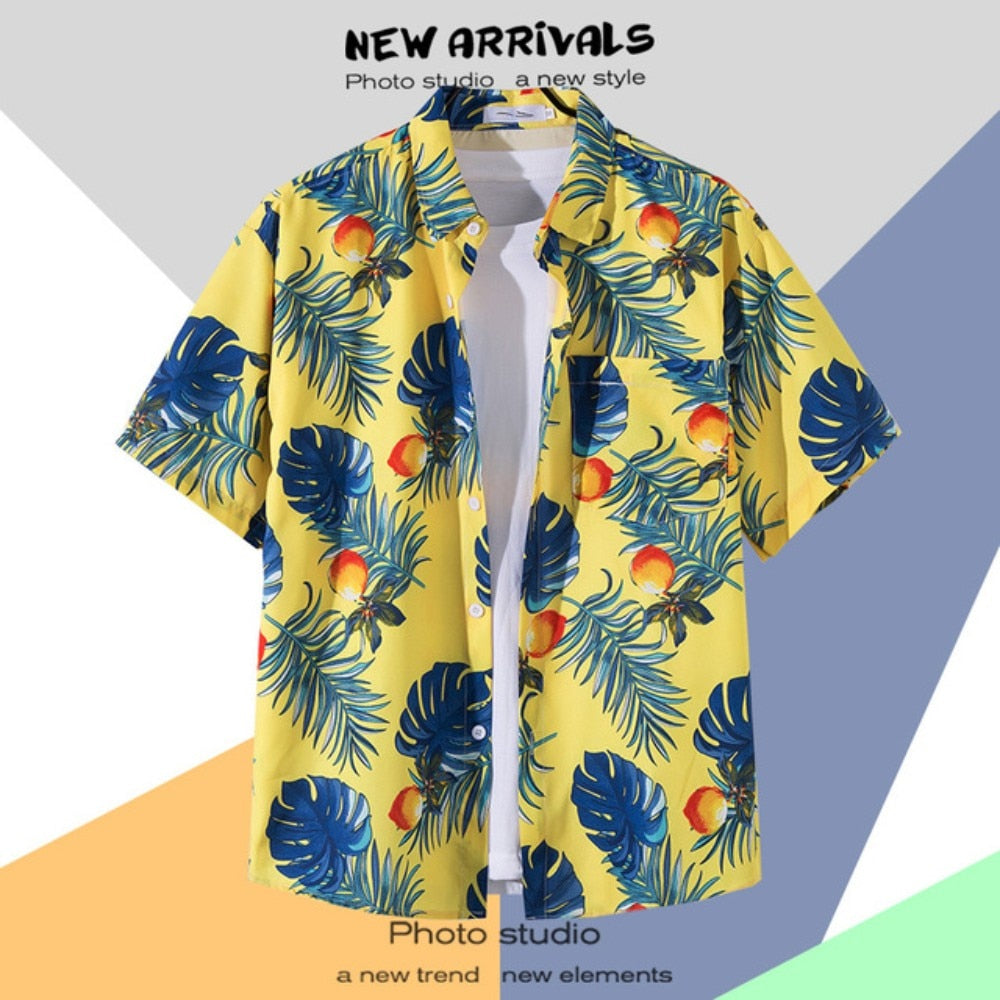 Hawaiian Men's Floral Shirt Summer Geometric Print Short Sleeved