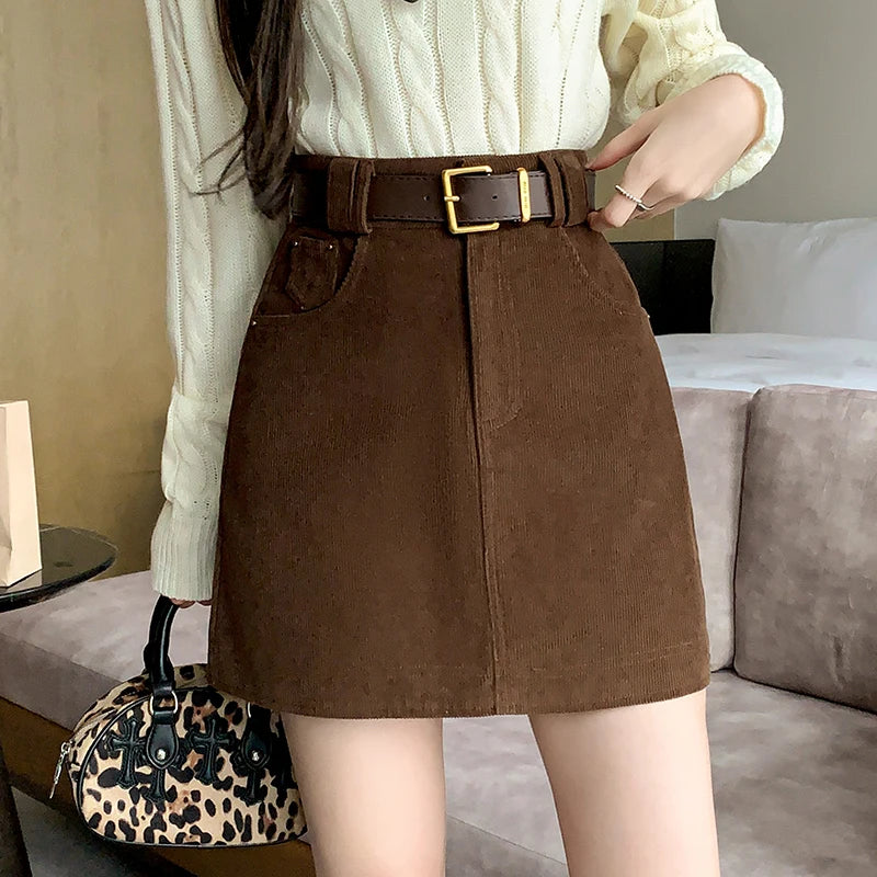 Retro Skirts Solid Color Corduroy High Waist Fashion Office