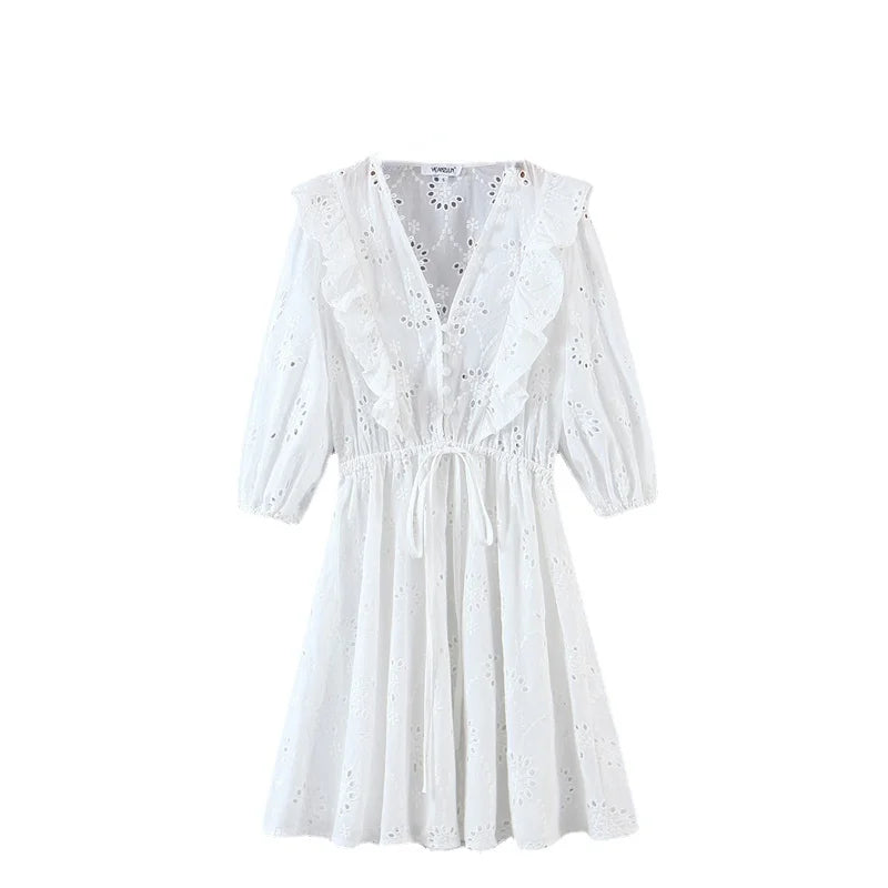 Women White Lace Embroidery Hollow Out Beach Bohemian Mini Dress