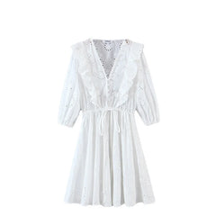 Women White Lace Embroidery Hollow Out Beach Bohemian Mini Dress