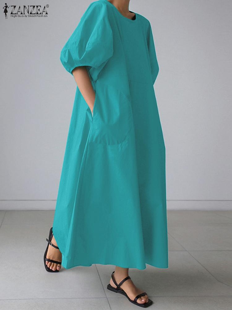 Dress Lantern Sleeve O-Neck Solid Color Loose Ankle Length