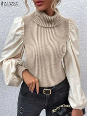 Turtleneck Knitted Sweaters Color Block Women Fashion Pullover Tops