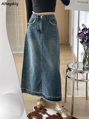 Denim Skirts Women Ripped Vintage Midi Chic