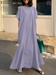 Fashion Short Sleeve Dress Solid Women Elegant Maxi Casual Ruffles