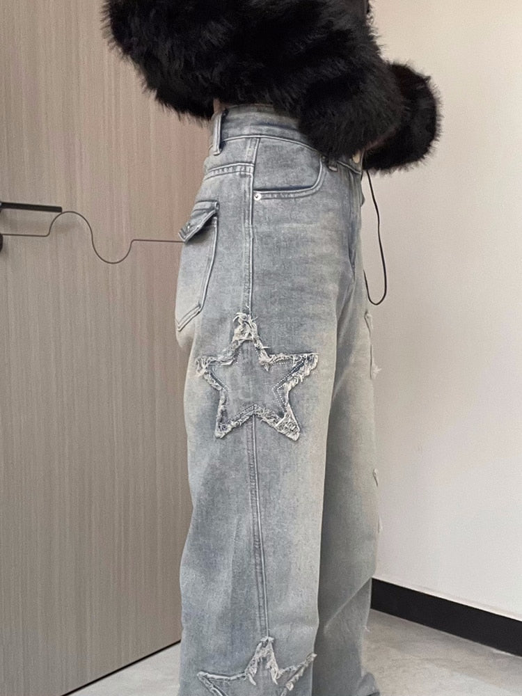 Vintage Star Print Jeans Low Rise Denim Straight Pants