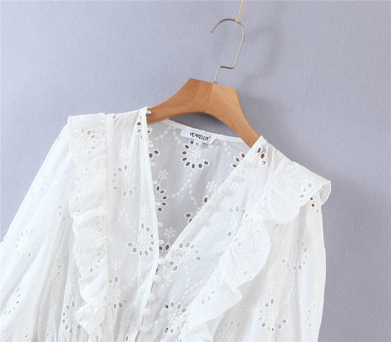 Women White Lace Embroidery Hollow Out Beach Bohemian Mini Dress