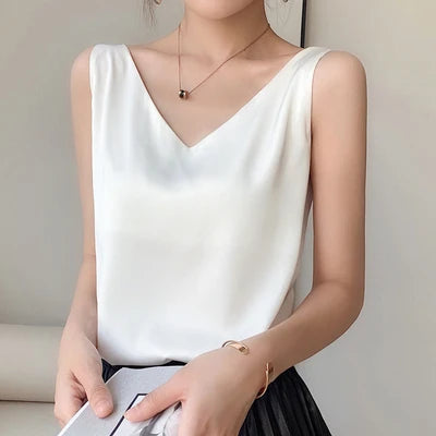 Summer Tank Tops Women Silk V-neck Ladies Camis Solid