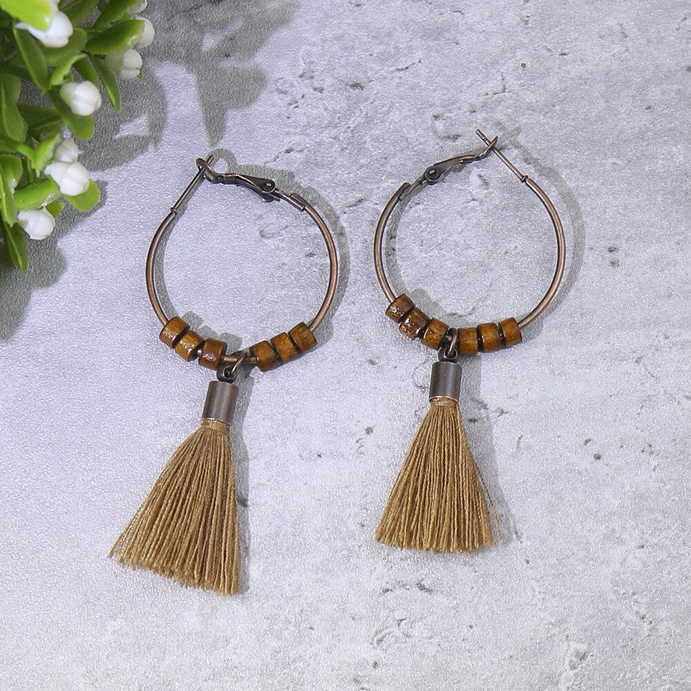 Bohemian Ethnic Brown Tassel Natural Wooden Hanging Earrings