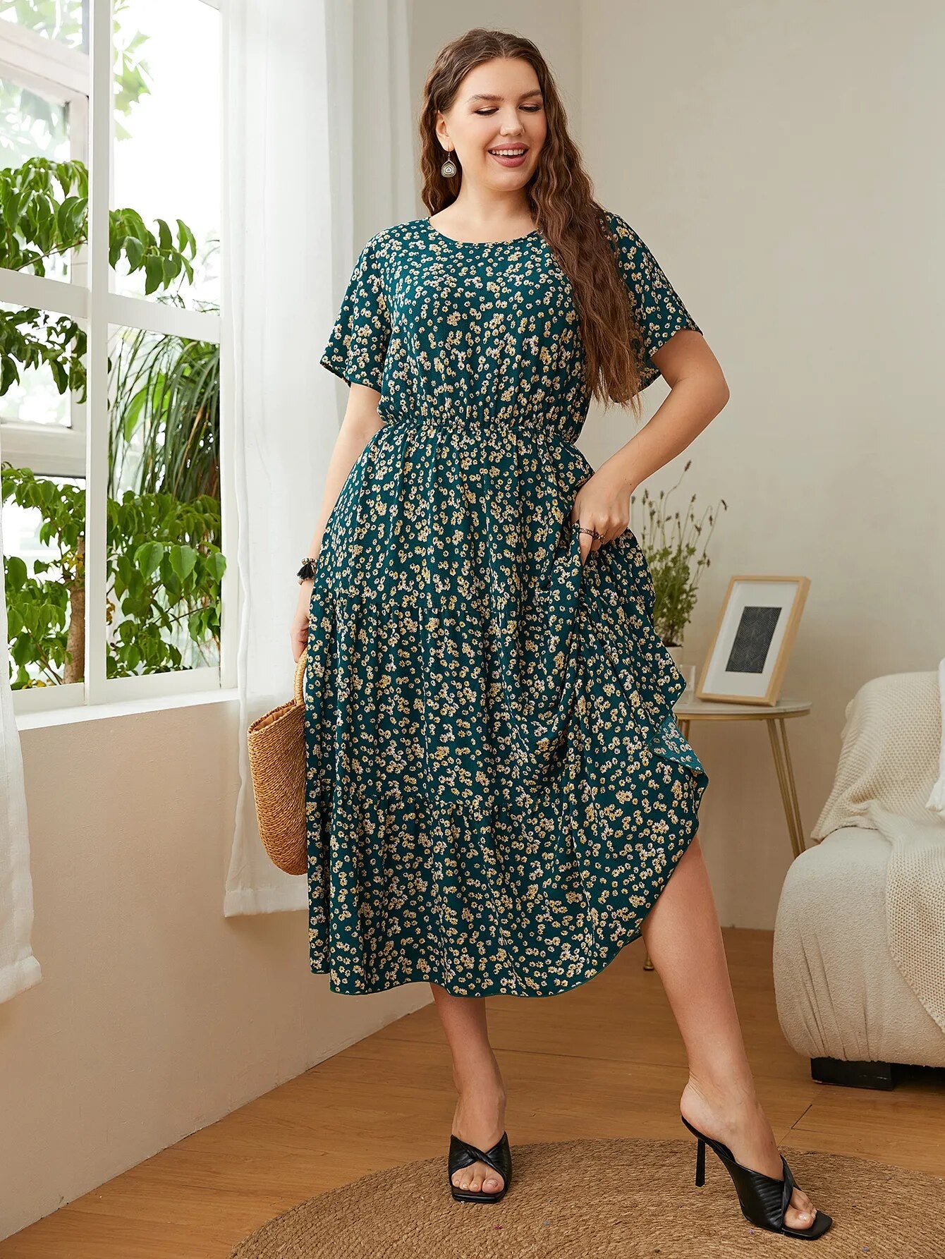 Fashion Big Size Women's Clothing Dress O-Neck Floral