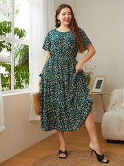 Fashion Big Size Women's Clothing Dress O-Neck Floral