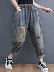 Vintage Jeans Female Elastic Waist Ripped Hole Harem Denim