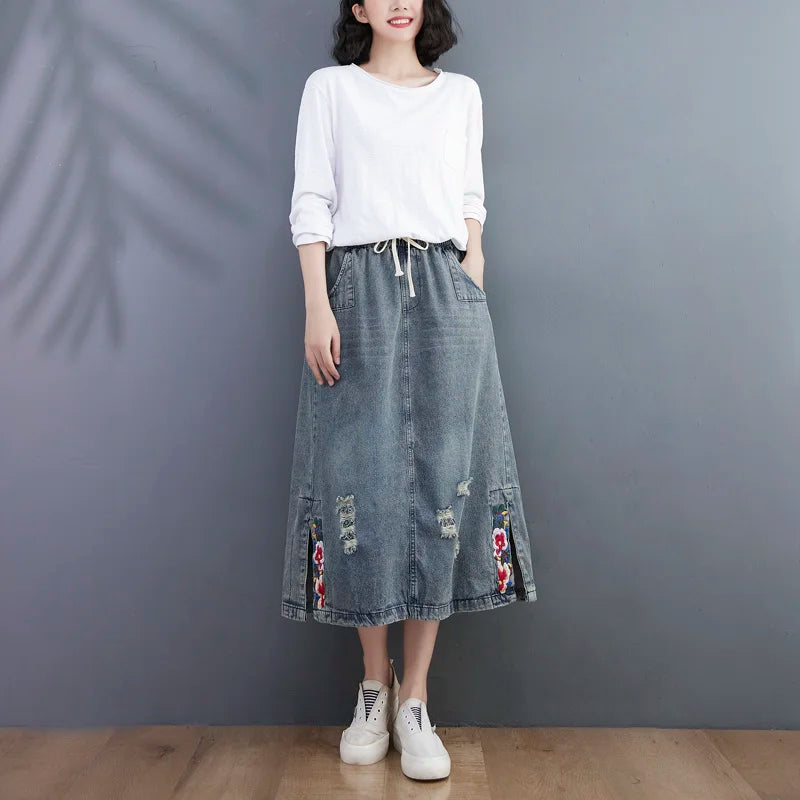 Vintage Denim Light Blue Retro Embroidery Floral Midi Skirts