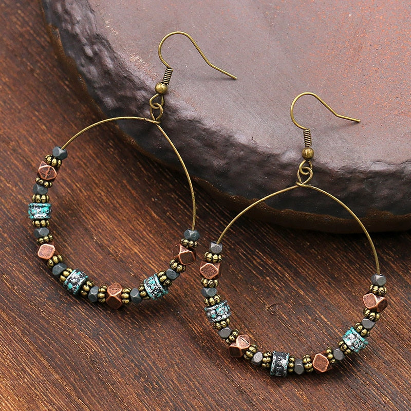 Vintage Bohemian Big Circle Earrings Ethnic Wood Bead