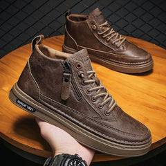 Leather Men's shoes Platform Warm Fur Ankle Short Lace Up Fashion