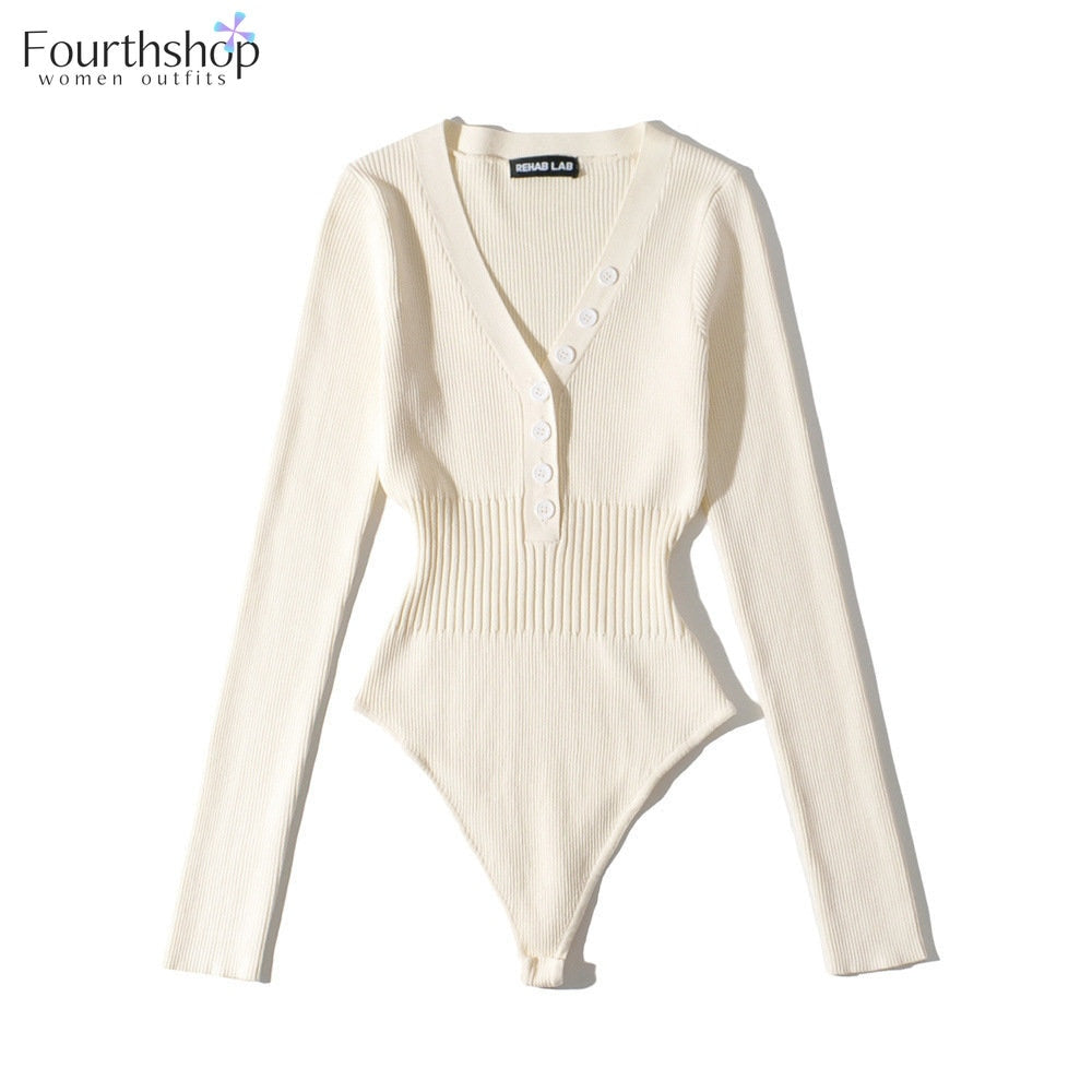 Long Sleeved Sexy V-neck Knitted Bodysuits Women Solid Elastic