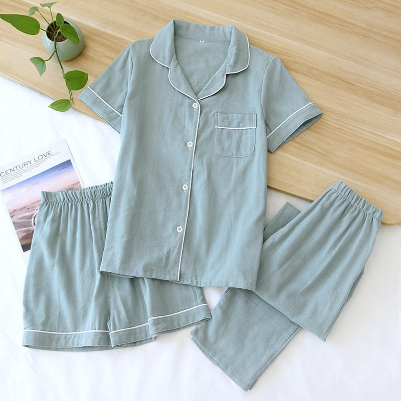 women's pajamas three-piece set short sleeves  shorts  trousers