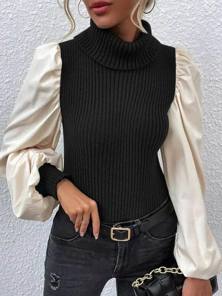 Turtleneck Knitted Sweaters Color Block Women Fashion Pullover Tops