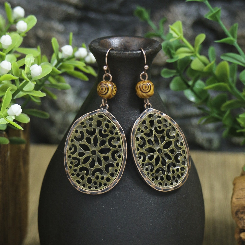 Bohemian Ethnic Brown Tassel Natural Wooden Hanging Earrings